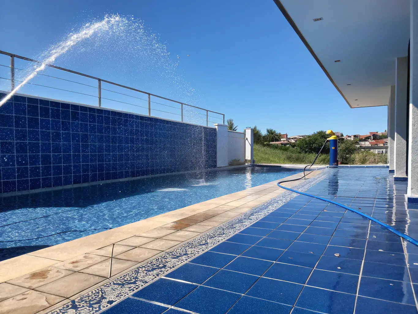 A clean and inviting pool deck after power washing, with before-and-after images subtly overlaid to show the transformation achieved by Top Notch Surface Pros.