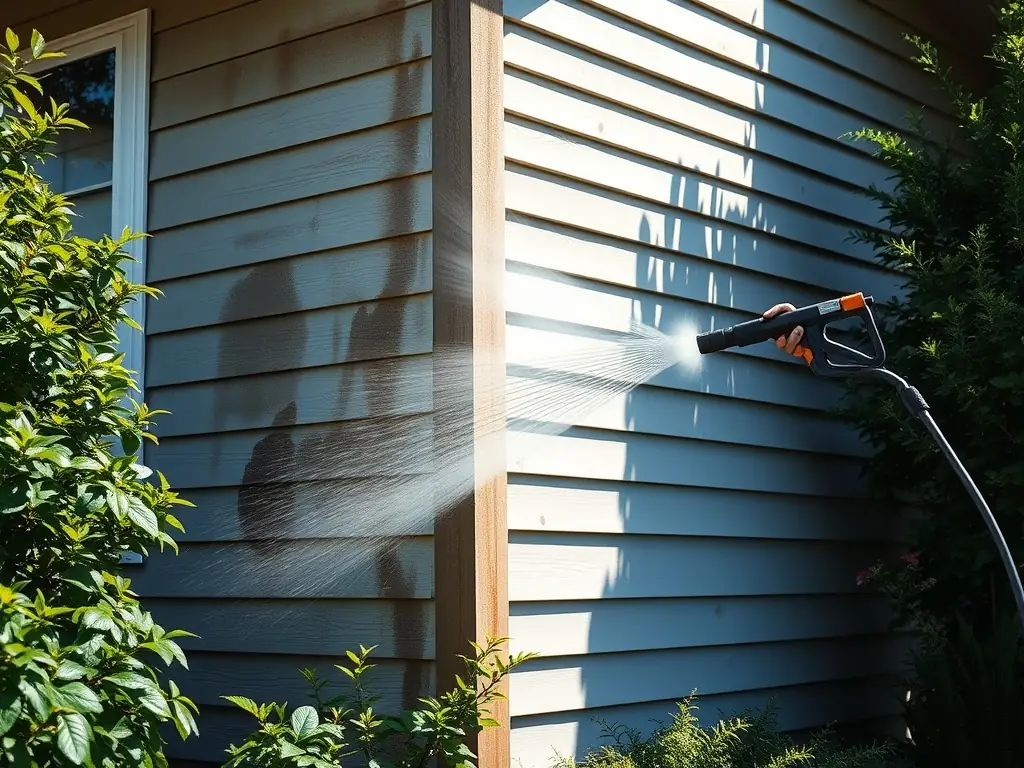 A home exterior being power washed, with a clear contrast between the dirty and clean sections, demonstrating the immediate impact of Top Notch Surface Pros' exterior house washing service.