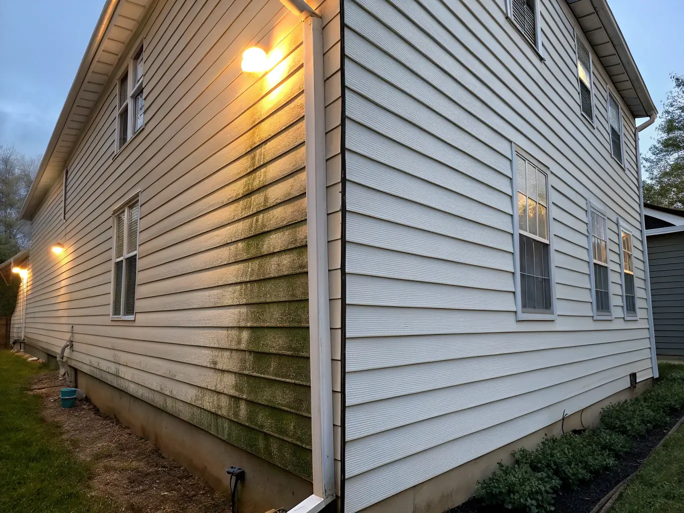 A before-and-after shot of a house exterior, showcasing the effectiveness of Top Notch Surface Pros' house washing service in removing dirt and grime.