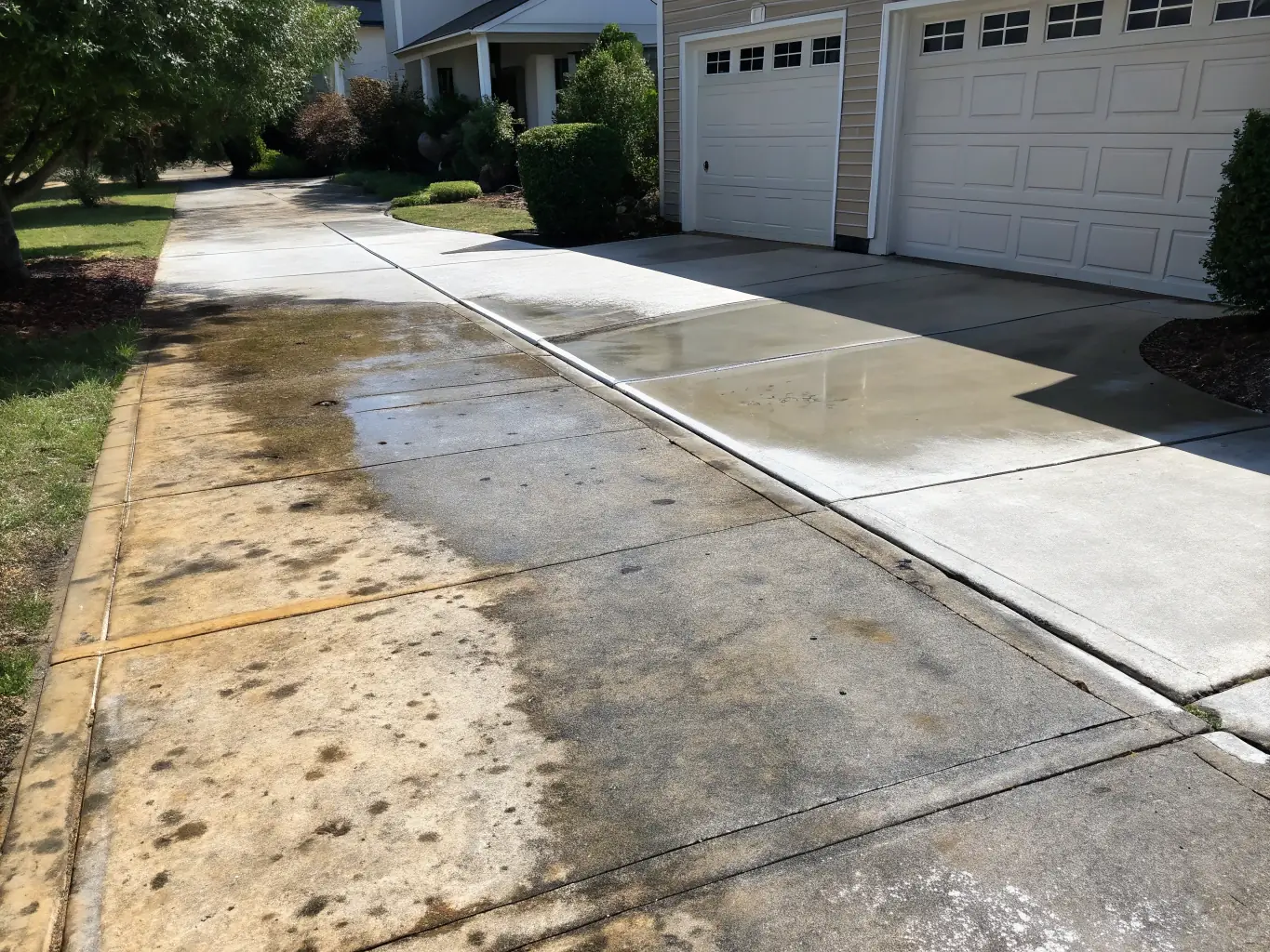 A split-screen image showing a driveway half-cleaned and half-dirty, demonstrating the dramatic effect of Top Notch Surface Pros' driveway cleaning service.