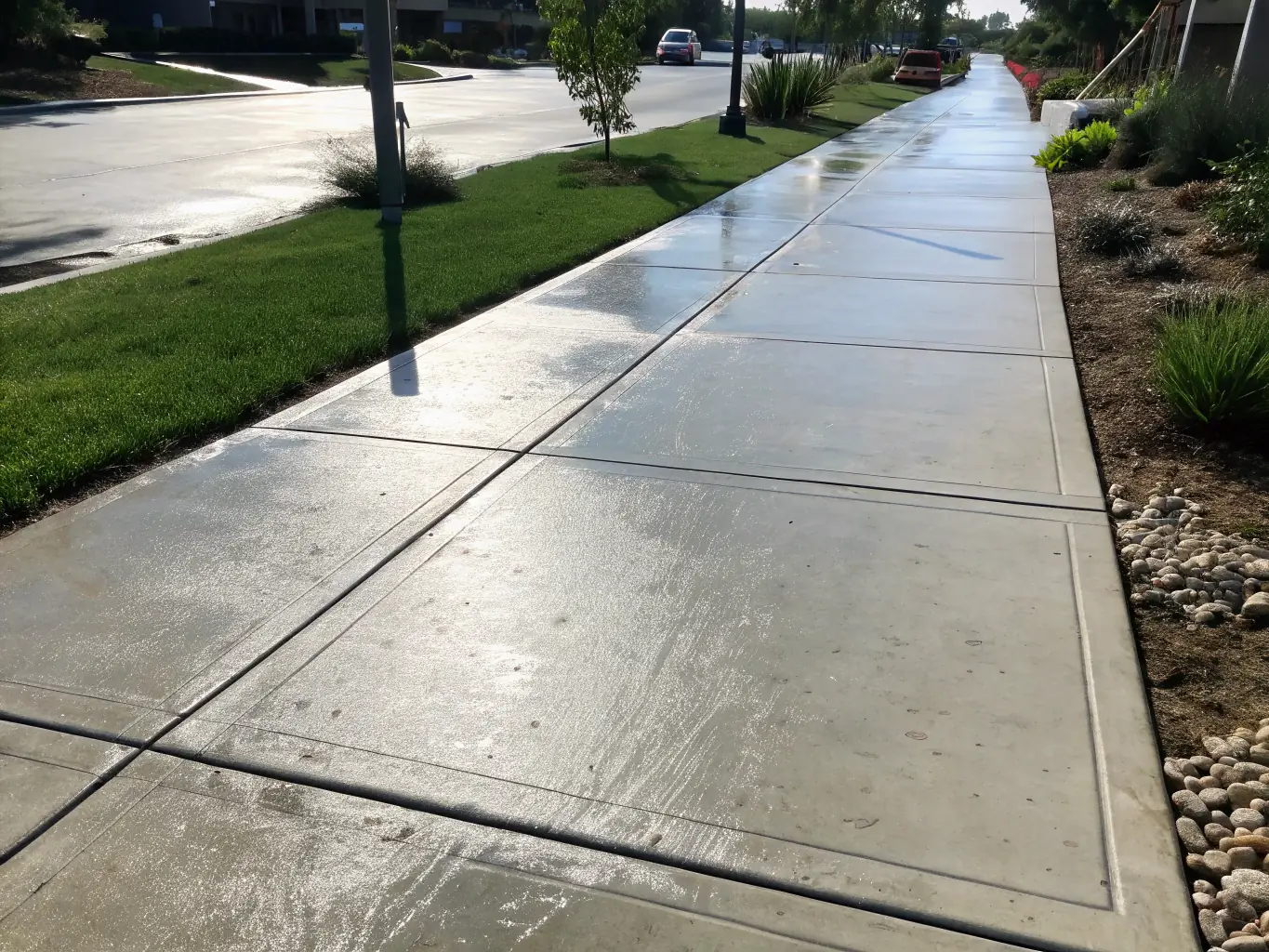 A freshly power-washed driveway, free of stains and dirt, showcasing the effectiveness of Top Notch Surface Pros' driveway cleaning service. The image should highlight the clean lines and restored appearance of the concrete.